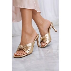MOTF Gold Metallic Knotted Square Toe Kitten Heel Mule Sandals Womens Size 40